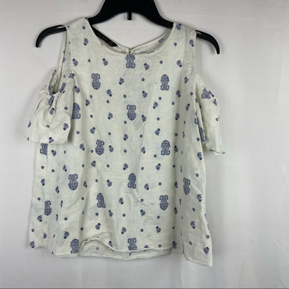 Zara paisley print linen blend cold shoulder top S